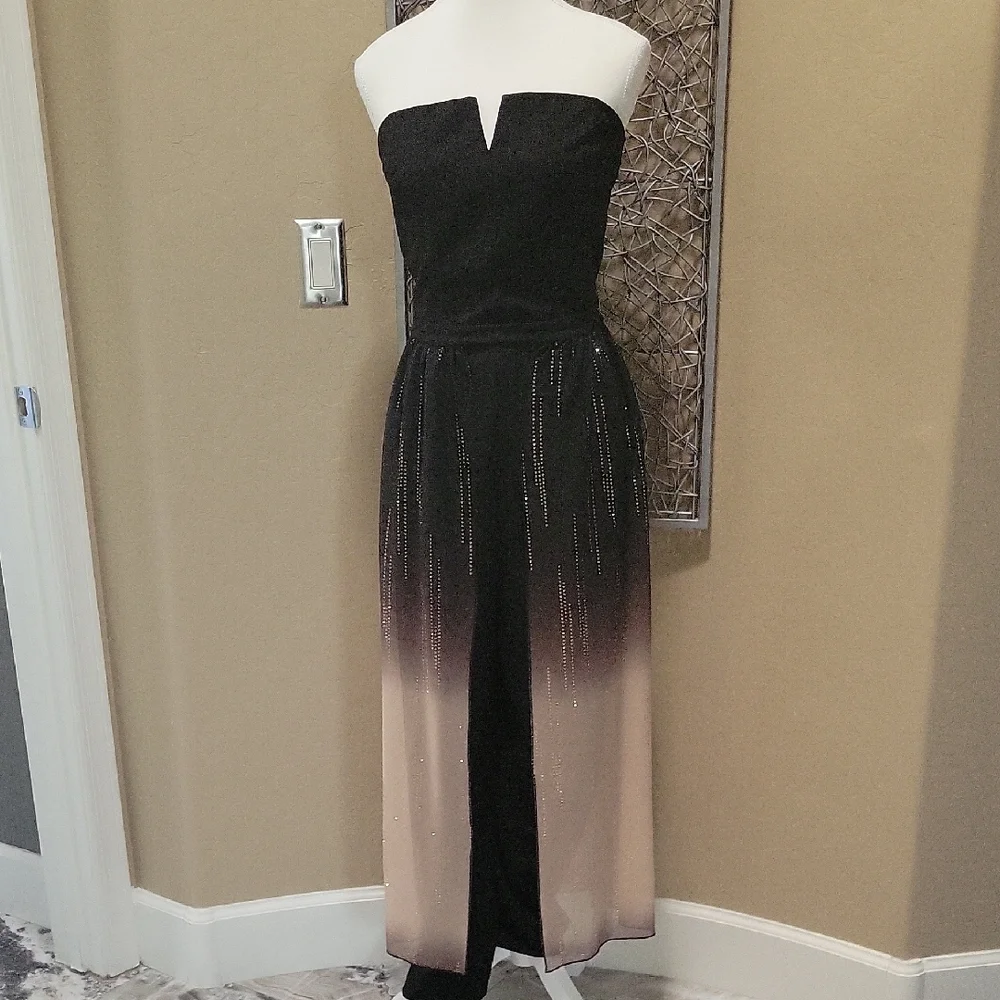 VENUS Strapless Ombre Black and Tan Jumpsuit With Pants And Sheer Skirt - Picture 1 of 6